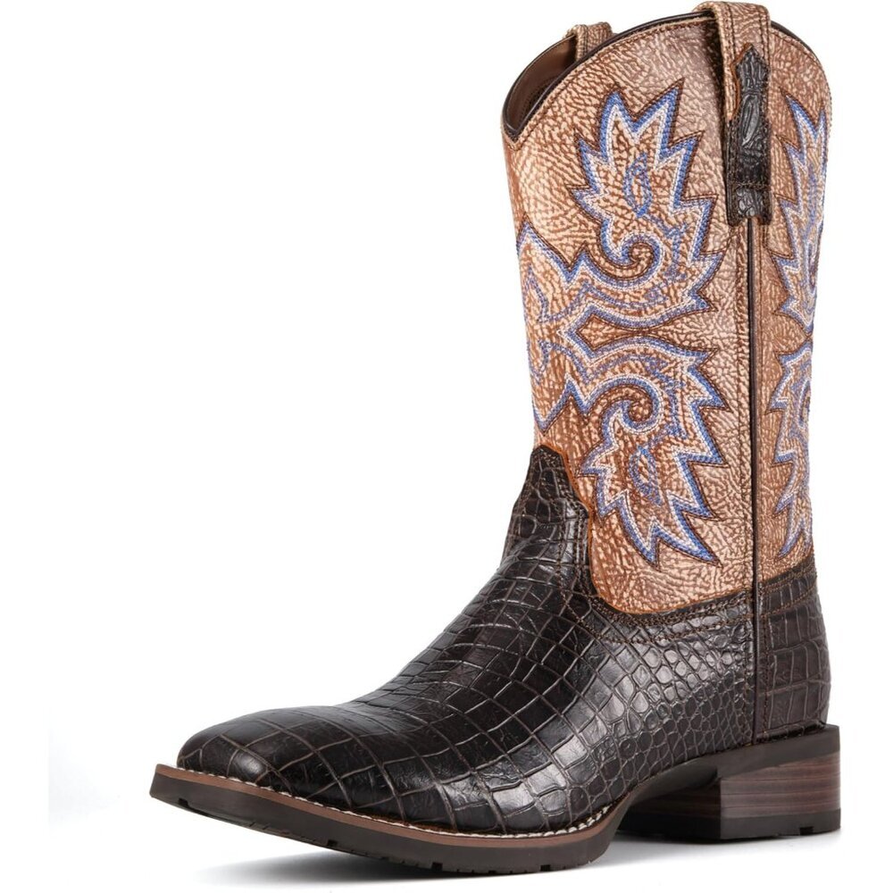 Men Chocolate Caiman Belly Leather Cowboy Bold Crocodile Texture Square Toe Boot
